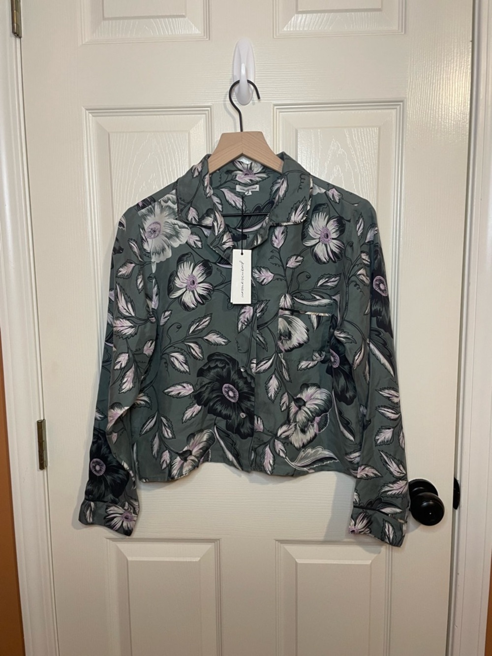 Unsubscribed Silk Floral PJ Shirt in Olive Size XS